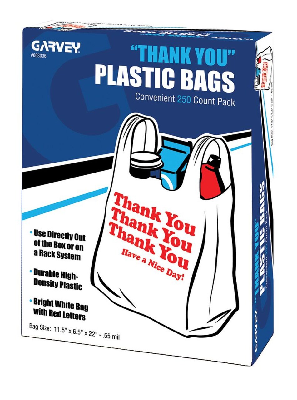 COSCO Shopping Bags, Durable White Plastic with Red Imprint, Thank You Thank You Thank You Imprint, 11" x 6.5" x 22", 250 per box